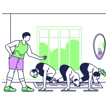 An instructor with short hair is demonstrating incline push-ups in a community center. The instructor is wearing a bright workout tank top and fitted shorts. In front of them, a group of five individuals is positioned on exercise mats, each performing push-ups with their hands on benches. The participants exhibit a variety of body types and are dressed in colorful athletic wear. Large windows are visible in the background, allowing natural light to flood the space. A wall-mounted mirror reflects the instructor and the group, enhancing the sense of activity in the center. The floor is made of hardwood, contributing to the fitness environment.