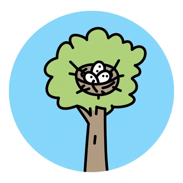 A bird's nest, intricately woven from twigs and grasses, is perched at the top of a tall tree with a sturdy, textured trunk. The tree has a lush, green canopy of leaves that provides a contrast to the clear, blue sky in the background. The nest contains several small, round eggs, showcasing speckles on their surfaces. The scene captures the natural habitat high above the ground, emphasizing the height and the beauty of the surrounding nature.