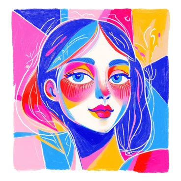 A portrait of a person features a face composed of various geometric shapes and patterns. The colors are bold and vibrant, including shades of red, blue, and yellow. The eyes are large and almond-shaped, with intricate designs surrounding them. The hair is stylized into angular shapes, complementing the overall geometric theme. The background consists of overlapping shapes that create a sense of depth and movement.