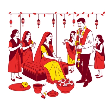 A red and yellow illustration depicts a traditional Marathi wedding scene from the past. In the center, a bride dressed in a vibrant saree with intricate patterns is sitting on a decorative seat, adorned with flowers. Next to her, a groom in a classic traditional outfit is standing with a joyful expression, holding a garland. Surrounding them are family members, including women in colorful sarees and men in dhotis, clapping and celebrating. In the background, there are decorative elements like hanging flowers and traditional lamps, enhancing the festive atmosphere of the wedding.