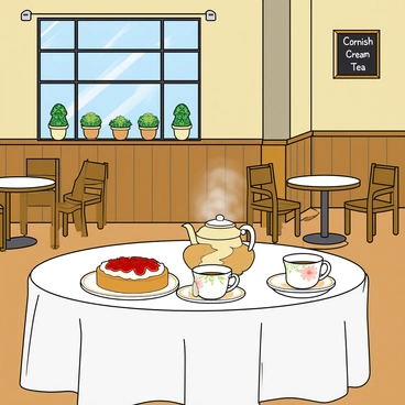 A quaint cafe with warm wooden furniture and small round tables. In the center, a table is set with a white tablecloth, presenting a traditional Cornish cream tea. On the table, there is a large, round scone cut in half, generously spread with clotted cream and strawberry jam. Next to the scone, there is a steaming pot of tea with a floral design, accompanied by two delicate china cups and saucers. The cafe has large windows allowing sunlight to stream in, illuminating the space, and potted plants are placed on the windowsills. A small chalkboard sign displays the words "Cornish Cream Tea" in cheerful lettering.