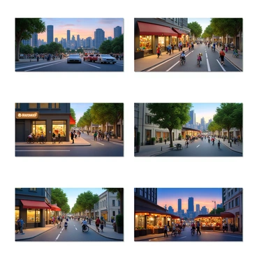 A storyboard for an animated short film that captures a busy day in the life of a vibrant city. The first frame shows a sunrise over the city skyline, with skyscrapers silhouetted against a colorful sky. In the next frame, a bustling street scene is depicted, with diverse pedestrians walking, cyclists riding, and cars maneuvering through traffic. 

The third frame illustrates a local café with patrons enjoying their morning coffee, some sitting outside on a patio. In the following frame, a park scene comes to life with children playing, people jogging, and dogs being walked. 

The next frame shifts to a street market where vendors sell fresh produce and handmade crafts, showcasing vibrant colors and animated interactions among customers. The sixth frame shows the city transitioning into the evening, with a sunset casting warm hues over the buildings and streetlights flickering on.