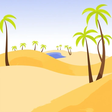 A desert landscape with rolling sand dunes under a bright blue sky. Illustrated palm trees with long, slender trunks and lush green fronds are scattered throughout the scene. In the distance, a shimmering oasis appears with a collection of vibrant blue water and more palm trees surrounding it, creating a mirage-like effect. The golden sand dunes reflect the sunlight, adding to the overall warmth of the image.