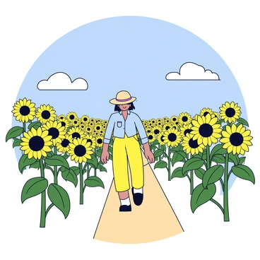 A person walking through a vast field of bright yellow sunflowers. The sunflowers are tall and vibrant, their large round faces turned towards the sun. The person is dressed in a light, casual outfit, with a straw hat to shield them from the sun. The sky above is clear and blue, with a few small, fluffy white clouds scattered across it. The path through the sunflowers is lightly trodden, leading further into the field.