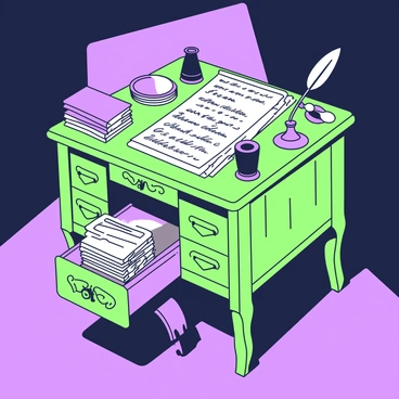 An old wooden desk with intricate carvings is positioned in a dimly lit room. One of the desk drawers is slightly open, revealing a stack of folded documents partially visible inside. The documents are yellowed with age, some with elegant handwriting. Surrounding the drawer are various office supplies, including a quill pen and an inkwell, both resting on the desk surface. Shadows cast by the furniture create a mysterious atmosphere, adding depth to the scene.