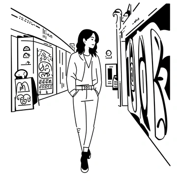 A girl walking along an urban street, wearing a fashionable outfit that includes a cropped jacket and high-waisted jeans. Her hair is styled in loose waves, falling over her shoulders. She is observing the vibrant graffiti art covering the walls around her, which showcases various intricate designs and patterns. The street is lined with trendy shops and decorative elements, adding to the lively atmosphere of the scene.