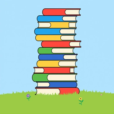 A towering stack of colorful books, each with different shades like bright red, blue, yellow, and green, reaching high into a clear blue sky. The books are stacked unevenly, creating a whimsical and playful appearance. Below the stack, an open field stretches out, covered in lush green grass. A few small wildflowers, in shades of purple and yellow, dot the grassy area around the base of the stack. The sunlight casts soft shadows, enhancing the vibrant colors of the books and the field.