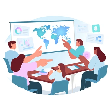 A group of students is gathered around a large world map on the wall of a classroom. The map is colorful, featuring gradient pastel colors that illustrate various countries and oceans. Students are seated at wooden desks, engaged in discussion, with some pointing towards the map. Educational posters about climate change are displayed on the walls, featuring charts, graphs, and icons related to environmental topics. The classroom is well-lit, and there are books and notebooks on the desks. A globe can be seen on one of the desks, adding to the educational atmosphere.