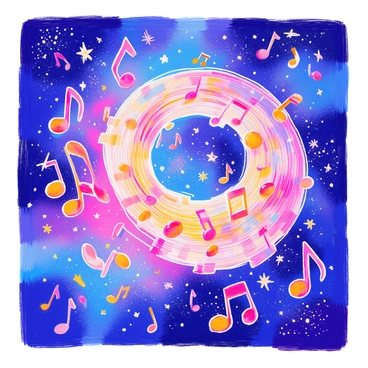 Musical notes are floating through a vast expanse of space. They swirl and twist, forming the shape of a spiral galaxy. The notes vary in size and design, creating a dynamic visual effect. The galaxy is illuminated by a soft glow, which highlights the contours of the notes. Stars twinkle in the backdrop, creating a sense of depth and dimension. The scene is infused with colors that suggest energy and movement, enhancing the overall composition.