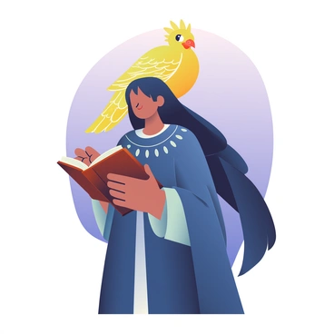 A mythical corbeau with golden feathers, perched on a storyteller's shoulder