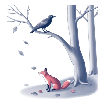 A black crow perched on a gnarled branch of a tree. Below, a red fox sits on the ground, its fur sleek and alert, with ears perked up. The ground is covered in a blanket of leaves, showcasing various shapes and sizes that have fallen from the trees. Leaves are drifting down from the branches, creating a sense of movement in the scene. The background features additional trees, their branches reaching overhead, adding to the dense forest atmosphere. The overall composition captures the interaction between the crow and the fox amidst the natural setting.