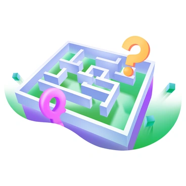 An aerial view depicting a large maze with intricate pathways. The maze is outlined in a light pastel color, enhancing its visibility. Scattered throughout the maze are several giant "question marks" in bright, contrasting colors like yellow and pink. Each question mark stands out prominently against the maze's structure, creating focal points that draw the eye. The overall composition is balanced, showcasing the complexity of the maze while highlighting the playful nature of the question marks.