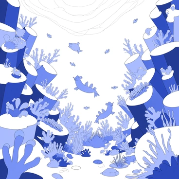 An underwater kingdom teems with vibrant coral reefs. The coral formations feature intricate shapes and textures, resembling various sea creatures. Merfolk swim gracefully among the reefs; their tails are elongated and detailed, reflecting movements through the water. Some merfolk are interacting with schools of fish that dart around them, while others are exploring the nooks of the coral. Sunlight filters down from the surface, creating patterns in the water as it illuminates the scene. Various aquatic plants sway gently in the currents, enhancing the rich underwater landscape.