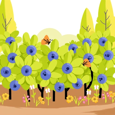 A lush garden featuring an array of vibrant green blueberry bushes, each laden with plump, ripe blue berries. The bushes are surrounded by rich brown soil and patches of colorful wildflowers in shades of yellow, pink, and white. The bright morning sun casts warm golden light, creating soft shadows on the ground. A few butterflies with orange and black wings flutter around, adding lively movement to the scene. In the background, there are tall trees providing a sense of depth and tranquility to the garden.