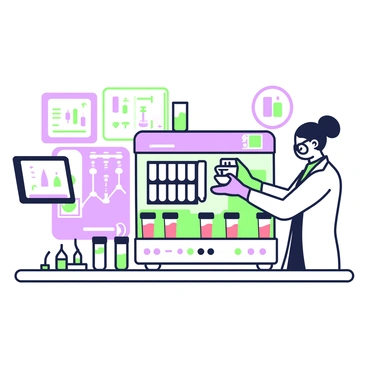 A state-of-the-art laboratory is filled with advanced equipment designed for analyzing multiple blood samples simultaneously. In the center, there is a large, sleek analysis machine with glowing indicators showing various readings. Surrounding this machine, several blood samples are displayed in transparent tubes, neatly organized in a rack. Each sample is labeled for identification. To the left, a digital display screen shows data results and graphs related to the analysis. On the right, a technician in a lab coat is carefully loading additional samples into the machine, while wearing gloves and safety goggles. A countertop holds various vials and lab tools necessary for the analysis process.