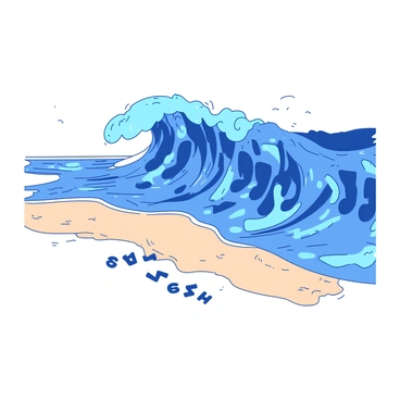 A deep blue wave composed of swirling letters and words is crashing onto a light tan sandy beach. The wave is dynamic, with letters spiraling and flowing within it, creating an energetic motion. The sandy beach is smooth and stretches wide, with gentle ripples tracing along its surface. Some small letters are scattered on the beach, partially buried in the sand, as the wave recedes. The sky above the scene is clear, allowing sunlight to illuminate the vibrant colors of the wave and the soft tones of the beach.