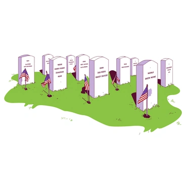 A row of uniform military headstones stands neatly in a grassy field. Each headstone is engraved with the names of fallen soldiers, showcasing a solemn tribute. Beside each headstone, there is a small flag planted firmly in the ground, fluttering gently in the breeze. The flags are vibrant and contrasting, adding a sense of respect to the serene setting. The sun casts soft shadows, highlighting the well-maintained landscape surrounding the headstones.