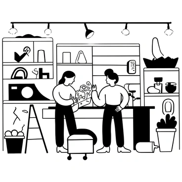 A modern metal shop filled with various tools, including saws, drills, and welding equipment. Two workers are standing together, engaging in a discussion about a project. One worker is holding a set of blueprints while the other points at a large piece of metal on a workbench. Surrounding them are shelves filled with metal pieces and containers of tools, adding to the industrious atmosphere. The shop is illuminated by overhead lights casting shadows across the floor.