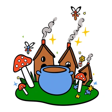 A whimsical potty sitting on a patch of soft green grass in a fairy-tale setting. Surrounding the potty are colorful toadstools with red and white spotted caps. Tiny cottages made of gingerbread and candy canes are scattered in the background, each with smoke curling from their chimneys. Delicate fairies with sparkling wings flit around the scene, illuminating the area with a soft glow, while flowers bloom vibrantly around the potty, adding to the enchanting atmosphere.