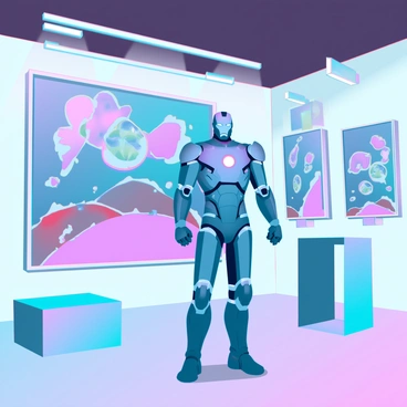 A figure resembling Ironman stands in a modern art gallery, his metallic suit reflecting the ambient lights. He is observing a large abstract painting on the wall, with splashes of vibrant colors and geometric shapes. Surrounding him are various other abstract art pieces displayed on pedestals and walls, showcasing a mix of fluid forms and sharp angles. The gallery has a polished concrete floor and sleek, minimalistic furniture, enhancing the contemporary atmosphere. Soft lighting illuminates each artwork, casting subtle shadows that add depth to the scene.