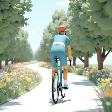 A faceless cyclist riding along a sunny path, with trees and flowers lining the route.
