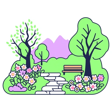A garden in Pahalgam is arranged with a variety of blooming flowers in full view. There are clusters of vibrant flowers, including dahlias and marigolds, positioned along the paths. Tall trees, with intricate branches, provide shade to the garden, their leaves gently rustling in the breeze. A stone pathway winds through the garden, leading visitors to various sections filled with colorful blossoms. In the background, a serene mountain landscape can be seen, enhancing the beauty of the scene. A wooden bench is placed under one of the tall trees, inviting relaxation amid the floral displays.