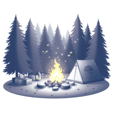 A campsite set in a forest clearing, surrounded by tall trees. A large campfire burns brightly in the center, casting flickering shadows and illuminating the surrounding area with warm light. Several logs or stones are arranged around the campfire, providing seating for campers. Fireflies can be seen dancing in the air, their small lights twinkling amidst the darkening forest, adding a magical quality to the scene. A tent is pitched nearby, and camping gear, such as backpacks and lanterns, is scattered around, suggesting the presence of campers. The ground is covered with grass and scattered leaves, enhancing the natural setting.