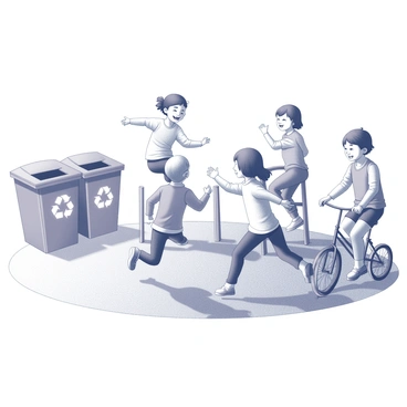 Children are engaged in various play activities in a park. One child is running energetically, their arms wide open as they laugh. Another child is climbing on a playground structure, while a third child rides a bicycle nearby. The grass is lush and well-kept, providing a soft ground for play. In the background, there are several recycling bins, prominently displaying signs indicating their purpose. The bins are arranged neatly and are of different sizes, contributing to the park's overall organized appearance. The scene captures a sense of joy and activity, emphasizing the children's interaction with each other and their environment.