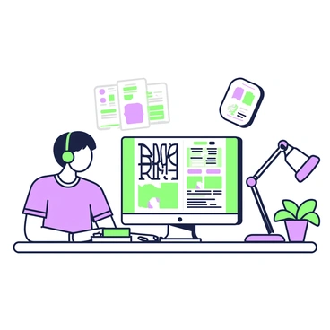 A digital artist is sitting at a desk, focused on their work. In front of them is a computer screen displaying a vibrant magazine spread. On the screen, there are several colorful images and typography in various fonts. The artist has short hair and is wearing a casual shirt and headphones. Next to the computer, there are sketchbooks and color swatches scattered across the desk. A plant in a pot adds a touch of green to the scene, and there is a small lamp providing light. The environment shows a creative workspace filled with inspiration and tools for digital art.