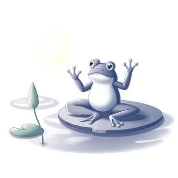A frog in a relaxed posture is sitting on a lily pad. The frog is demonstrating a yoga pose, with one leg extended and the other bent in a meditative stance. The scene captures the dawn, with soft light illuminating the surroundings. The water beneath the lily pad is calm, reflecting the gentle curves of the pad. Nearby, a few green leaves emerge from the water, adding to the peaceful atmosphere. The sky shows hints of light as the sun begins to rise on the horizon.