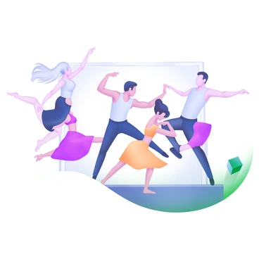 A group of four dancers is captured mid-performance in a dynamic dance routine. Each dancer showcases unique poses that reflect their energy and movement. The first dancer, a woman with long, flowing hair, leaps gracefully into the air, her arms extended widely. The second dancer, a man in a fitted tank top, twists his body in a dramatic turn, exhibiting strong lines. The third dancer, a woman wearing a bright skirt, balances on one leg while extending the other leg outward. The fourth dancer, a man with short hair, is caught in a powerful stance, showcasing strength. They are set against a minimalist stage, with soft lighting accentuating their movements. The overall composition captures the fluidity and expression of modern dance.