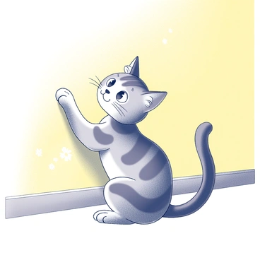 A curious cat with distinct markings is pawing at a textured yellow wallpaper. The cat is crouched low, its body tense with curiosity. One paw is raised as it interacts with the surface, as if it senses something unseen. The wallpaper features a subtle floral pattern that adds depth to the scene. The cat's eyes are wide, reflecting a sense of intrigue and alertness, while its ears are perked up, indicating its focus on the wall.