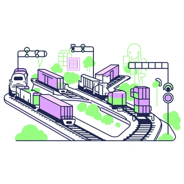 A complex railway junction with multiple cargo trains crossing paths
