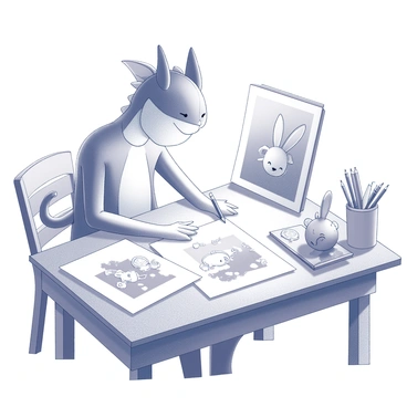 An illustrator is seated at a wooden desk, focused on their work. In front of them are several sheets of paper filled with sketches of characters designed for a children's book. The characters include a whimsical dragon with oversized wings, a cheerful bunny with big ears, and a playful elephant balancing atop a ball. The illustrator's hand is seen holding a pencil, poised above a fresh sheet, ready to create another character. Various art supplies, such as colored pencils and markers, are scattered across the desk. The room is filled with bright light, illuminating the creative environment.