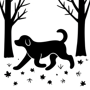 A black labrador walking through a carpet of leaves that are scattered on the ground. The leaves are in various shapes and sizes, creating a dynamic texture underfoot. Tall trees with a variety of branches surround the dog, adding depth to the forest setting. The labrador's body is in motion, with its tail held high. There is a sense of movement as it walks confidently through the foliage, with some leaves lifting gently as it passes. The overall scene captures the essence of a forest during autumn, filled with rich detail in the fallen leaves and the stature of the trees.