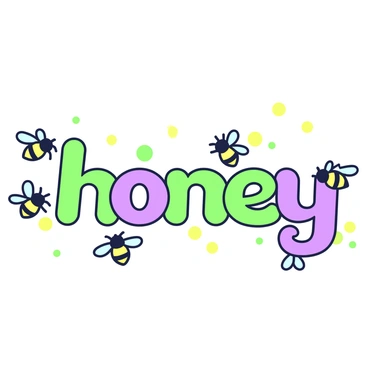 Hexagonal letters are arranged to spell the word "honey". Each letter has a distinct pattern and is outlined in green and purple. Surrounding the letters, several bees are depicted buzzing around. The bees have wings extended and are shown in motion, creating a sense of activity. The background is simple to emphasize the letters and the bees, making the scene lively and engaging.