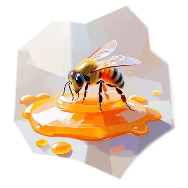 A close-up view of a bee entangled in a delicate web made of golden honey. The bee has shiny black and yellow stripes, its wings glistening as they catch the light. The honey glistens, creating a sticky surface that shows reflections of its surroundings. Surrounding the web are droplets of honey, enhancing the visual richness. The scene captures the contrasting beauty of the sweet honey and the precarious state of the bee, emphasizing the allure and danger of its situation.