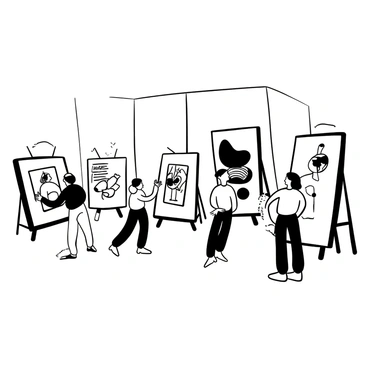 A spacious gallery interior featuring artwork displayed on illustration boards of ascending sizes, arranged in a staggered pattern. The boards are made of a textured material, providing a tactile contrast to the smooth floor. Various monochromatic artworks, including abstract pieces and detailed sketches, are showcased on the boards. Soft lighting highlights the contours of the artworks, creating shadows on the wall behind. A few visitors can be seen observing the art, engaged in discussion about the pieces.