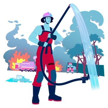 A determined firefighter with tan skin and short, dark hair is wearing a helmet, protective gear, and heavy boots. He is actively using a thick black hose to spray water towards advancing flames that are engulfing nearby trees and structures. The flames are bright orange and yellow, creating a stark contrast against the darkening sky. Billowing smoke rises in swirling patterns around him. The firefighter's focused expression shows his commitment to battling the fire and protecting the area. In the background, a blurred scene of emergency vehicles and other firefighters can be seen working together.