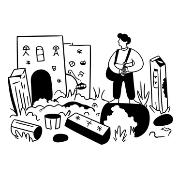 A man dressed in rugged traveling attire stands among ancient ruins. The ruins feature intricate engravings on the stones, depicting various symbols and patterns. Several large, fallen columns lie scattered on the ground, partially covered in moss. The man examines the engravings carefully, with a leather satchel slung over one shoulder. The setting is filled with overgrown vegetation, and the remains of a crumbled wall can be seen in the background.