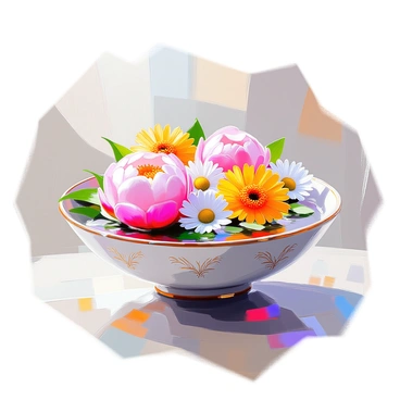 A decorative bowl made of ceramic with intricate designs displays a floating arrangement of colorful flowers. The bowl is circular and shallow, filled with water. Brightly colored flowers such as pink peonies, yellow chrysanthemums, and white daisies are gently resting on the water's surface, their petals open and vibrant. Green leaves are interspersed among the flowers, adding contrast and texture. Sunlight reflects off the water, casting delicate patterns on the surrounding surface.