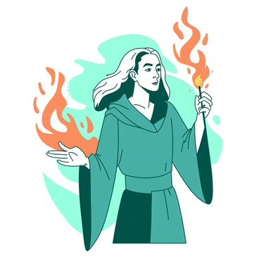 A teal wizard wearing a flowing robe is casting a spell with a focused expression on their face. In their right hand, they hold a slender wand emitting bright orange magical flames that swirl dynamically around it. The flames twist and turn in graceful loops, illuminating the wizard's face. The background features a soft glow created by the magical flames, enhancing the sense of enchantment in the scene. The wizard's hair flows with an ethereal quality, enhancing the magical atmosphere.