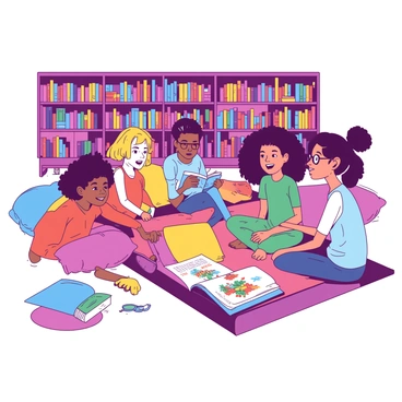 A group of children is sitting on the colorful carpet in a library, attentively gathered around a librarian. The librarian, a woman with glasses and a warm smile, is holding an open book with vibrant illustrations. The children, of diverse backgrounds, display expressions of wonder and excitement as they listen. Some are sitting cross-legged, while others lean forward in anticipation. Shelves filled with books line the walls behind them, creating a cozy atmosphere. Brightly colored cushions are scattered around, enhancing the inviting environment.