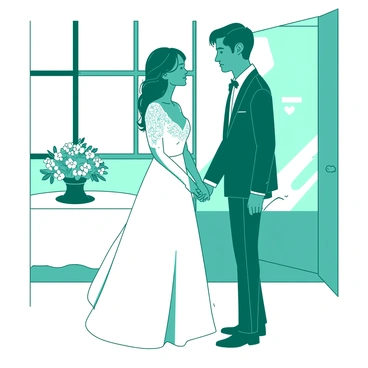 A teal couple stands hand in hand at a city hall. The bride is wearing a white, flowing dress adorned with delicate lace details, and her hair is elegantly styled. The groom is dressed in a sharp, tailored suit that complements the simplicity of the setting. In the background, there are minimalistic decorations with soft white flowers arranged neatly on a small table. Light streams in through large windows, adding to the elegant ambiance of the moment. The couple gazes into each other's eyes, embodying love and commitment in this intimate ceremony.