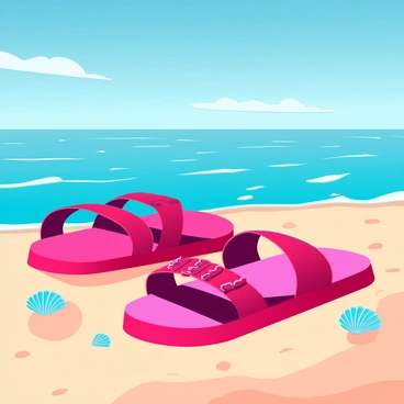 A vibrant pair of red sandals resting on fine, golden sand. The sandals are positioned side by side, with intricate straps and a glossy finish reflecting sunlight. In the background, the ocean stretches out to the horizon with gentle waves lapping against the shore. The sky is clear with a few wispy clouds, creating a bright atmosphere. Tiny seashells are scattered around the sandals, enhancing the beach scene.