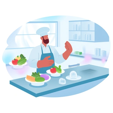 A chef in a modern kitchen is demonstrating a new kitchen gadget. The chef is wearing a professional outfit and is standing at a sleek countertop filled with various fresh ingredients, including colorful vegetables and herbs. On the countertop, the new gadget is prominently displayed, showcasing its design and features. Behind the chef, there are cabinets and shelves filled with kitchenware and cookbooks. Light streams in from a window, illuminating the vibrant ingredients and the polished surfaces of the kitchen.