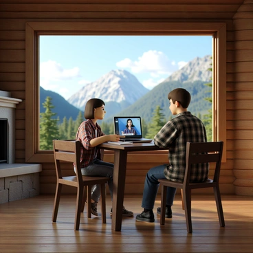 A person sitting at a wooden table inside a rustic cabin, participating in a virtual meeting. The individual has short hair and is wearing a flannel shirt. A laptop is open in front of them, displaying a video call interface. Behind the person, a large window reveals a beautiful mountain landscape, with peaks covered in greenery and a clear blue sky. The interior of the cabin features wooden beams and a stone fireplace, adding to the cozy atmosphere.
