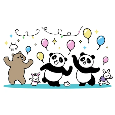A group of pandas, with distinctive black and white fur, are joyfully dancing on a grassy area. There are colorful balloons floating above them, and strings of fairy lights are hanging from tree branches, casting a warm glow. Surrounding the pandas are various animals, including a brown bear and a small rabbit, both joining in the dance. The rabbit, with fluffy fur, is bouncing playfully next to the pandas. The scene is vibrant and filled with energy, showcasing the animals having fun together.