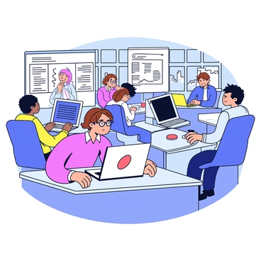 A bustling newsroom filled with desks and computers. In the foreground, a journalist sits at a desk, focused on editing an article on a laptop. The journalist has short brown hair and wears glasses. The screen displays various sections of text, with specific segments highlighted in italics. Surrounding the journalist, colleagues are engaged in discussions and typing on their keyboards, creating a vibrant atmosphere. Windows in the background reveal a cityscape, hinting at the outside world beyond the newsroom.