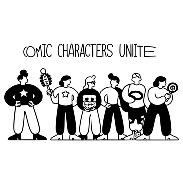 A lineup of comic characters standing side by side. Each character exhibits distinct features and poses, showcasing their unique personalities. One character has a cape and a muscular build, while another is thin and wearing glasses. There is a character with a large weapon and a fierce stance, and another with a whimsical look, holding an oversized lollipop. Each character is filled with bold patterns and detailed clothing, highlighting their individuality. The background features simple, stylized elements that complement the characters. The words "Comic Characters Unite" are displayed prominently above the lineup.